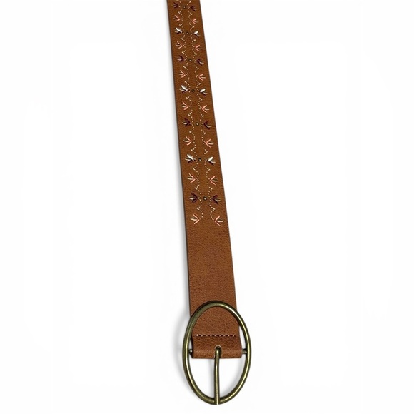 Embroidered Brown Leather Belt with Brass Oval Buckle main image 4